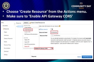 • Choose ‘Create Resource’ from the Actions menu.
• Make sure to ‘Enable API Gateway CORS’
 