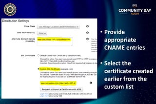 • Provide
appropriate
CNAME entries
• Select the
certificate created
earlier from the
custom list
 