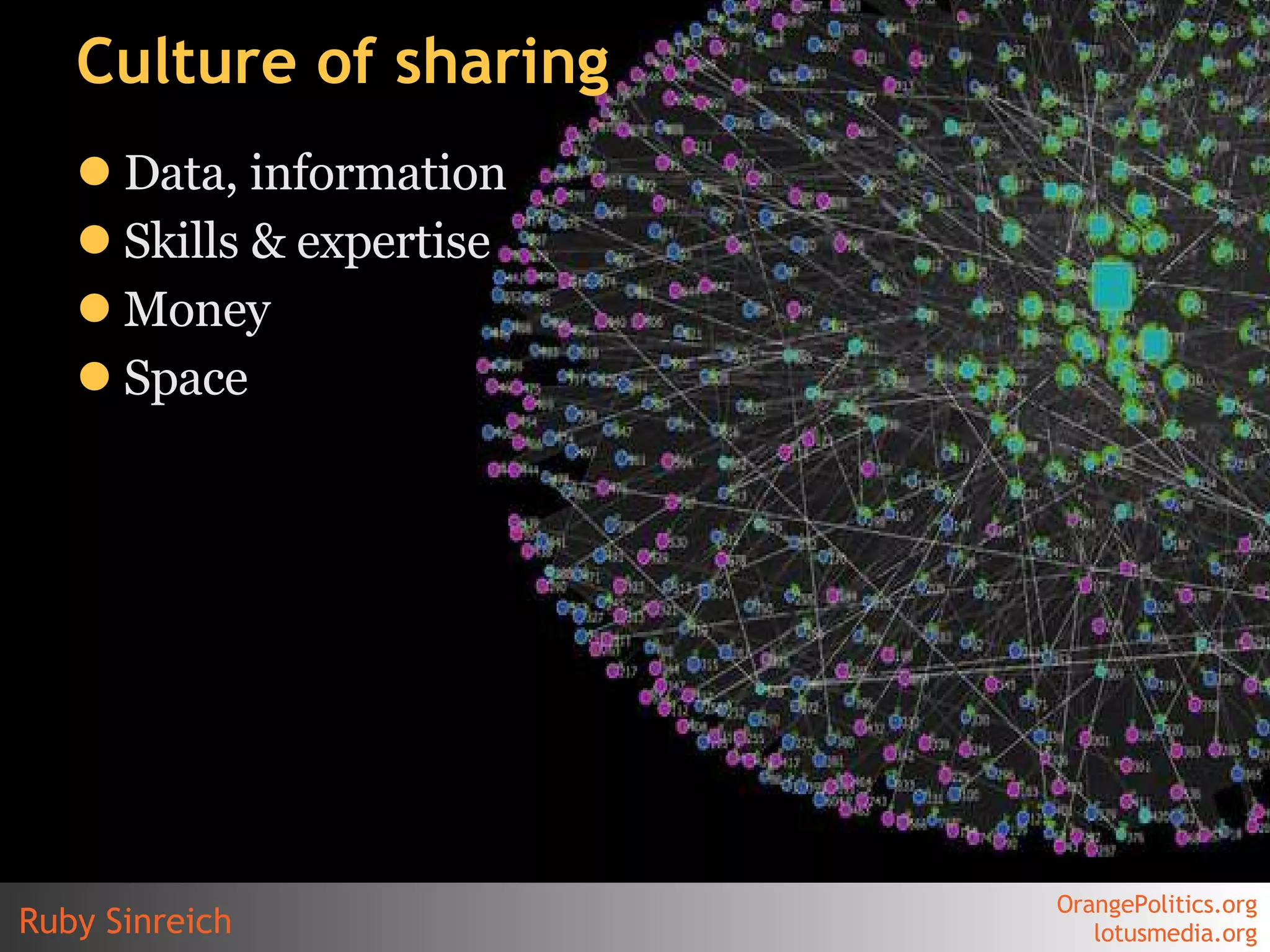 Culture of sharing Data, information Skills & expertise Money Space 
