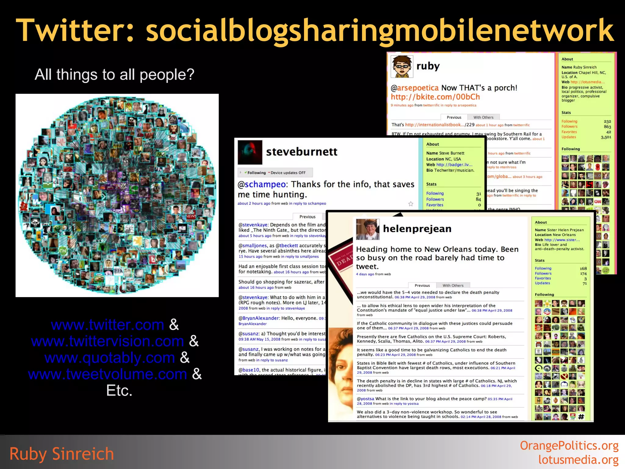 Twitter: socialblogsharingmobilenetwork www.twitter.com  &  www.twittervision.com  &  www.quotably.com  & www.tweetvolume.com  &  Etc. All things to all people? 