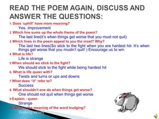 1. Does ‘uphill’ have more meaning?
Yes. Improvement
2. Which line sums up the whole theme of the poem?
The last line(it’s when things get worse that you must not quit)
3. Which lines in the poem appeal to you the most? Why?
The last two lines(So stick to the fight when you are hardest hit- It’s when
things get worse that you mustn’t quit! ) Encourage us to win
4. What is life?
Life is strange
5. When should we stick to the fight?
We should stick to the fight while being hardest hit
6. What is life queer with?
Twists and turns or ups and downs
7. What does “it” refer to?
Success
8. What shouldn’t one do when things get worse?
One should not quit when things get worse
9. Explain : queer.
Strange
10. What is the meaning of the word trudging?
Walking slowly
 