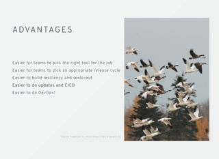 ADVANTAGESADVANTAGES
Easier for teams to pick the right tool for the job
Easier for teams to pick an appropriate release cycle
Easier to build resiliency and scale-out
Easier to do updates and CICD
Easier to do DevOps!
S o u rc e : K e g R i v e r C C / ﬂi c k r h t t p s : / / ﬂi c . k r /p /a t 2 J t 2
 