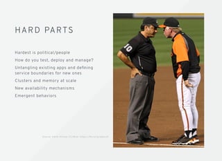 HARD PARTSHARD PARTS
Hardest is political/people
How do you test, deploy and manage?
Untangling existing apps and deﬁning
service boundaries for new ones
Clusters and memory at scale
New availability mechanisms
Emergent behaviors
S o u rc e : K e i t h A l l i s o n C C / ﬂi c k r h t t p s : / / ﬂi c . k r /p /a b G c s9
 
