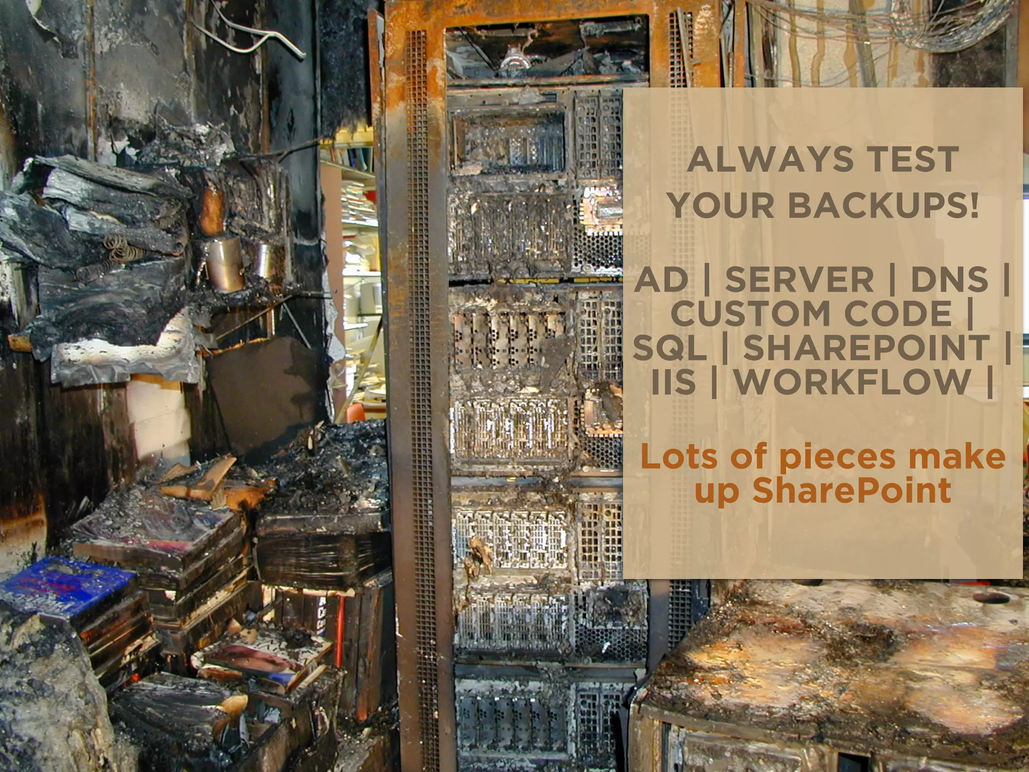 ALWAYS TEST
YOUR BACKUPS!
AD | SERVER | DNS |
CUSTOM CODE |
SQL | SHAREPOINT |
IIS | WORKFLOW |
Lots of pieces make
up SharePoint
 