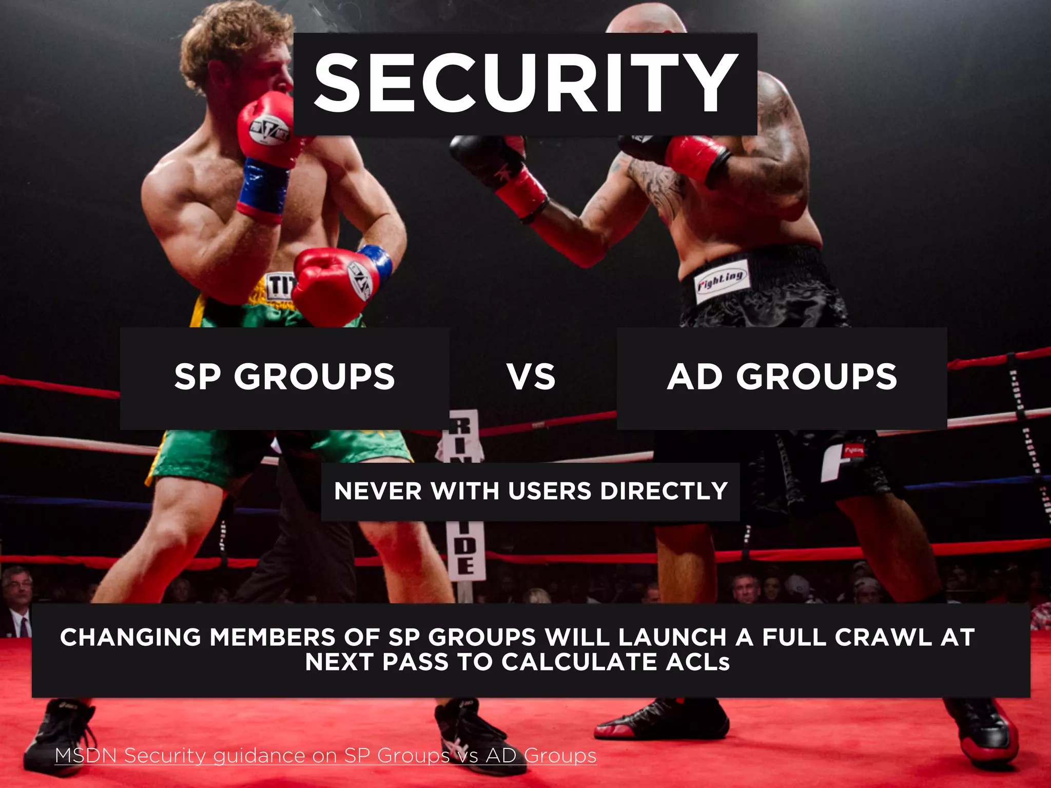 SECURITY
SP GROUPS AD GROUPSVS
NEVER WITH USERS DIRECTLY
MSDN Security guidance on SP Groups vs AD Groups
CHANGING MEMBERS OF SP GROUPS WILL LAUNCH A FULL CRAWL AT
NEXT PASS TO CALCULATE ACLs
 