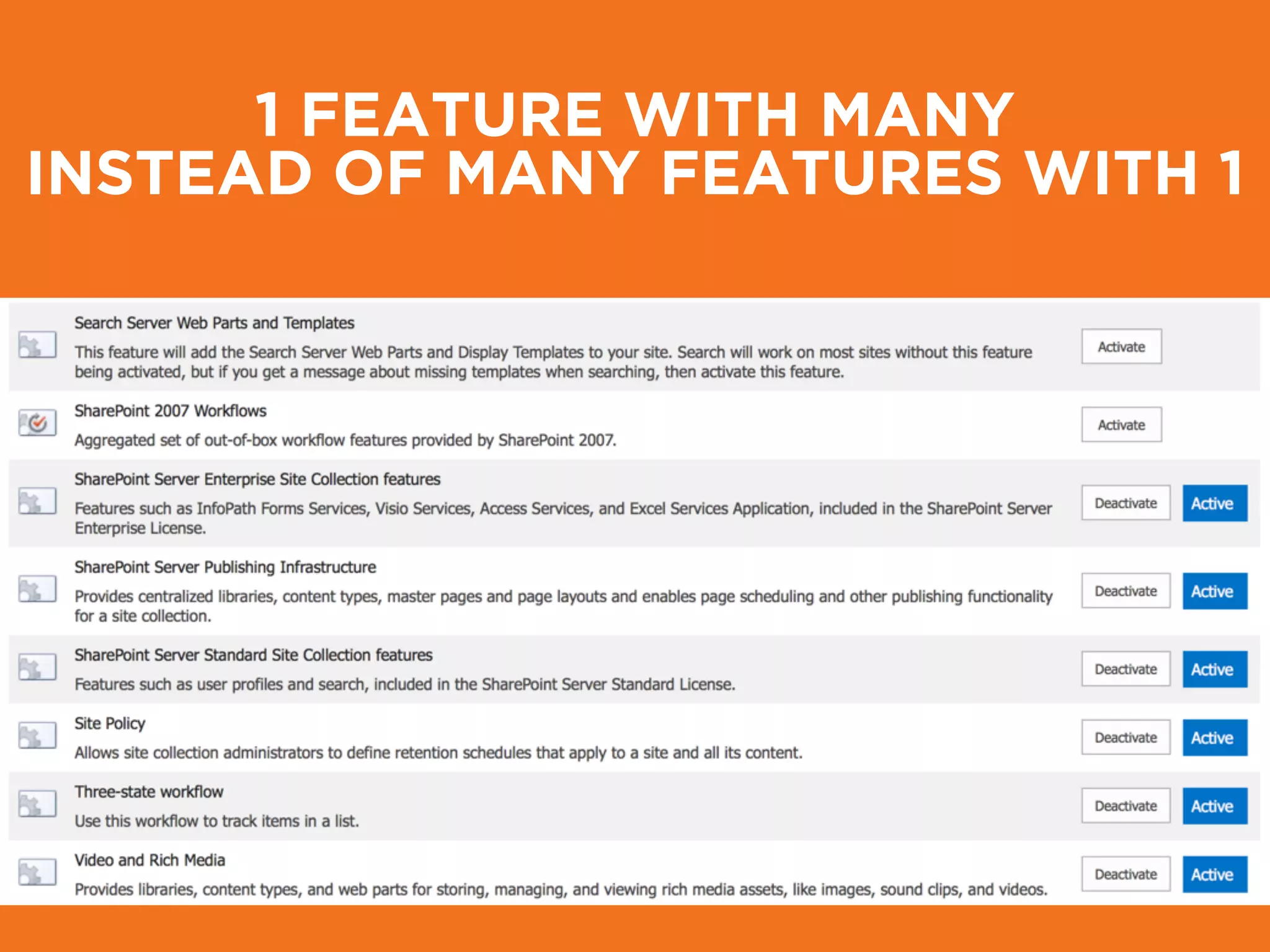 1 FEATURE WITH MANY
INSTEAD OF MANY FEATURES WITH 1
 