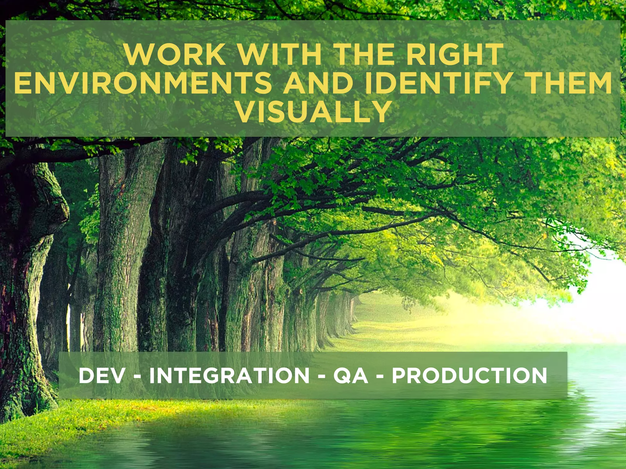 WORK WITH THE RIGHT
ENVIRONMENTS AND IDENTIFY THEM
VISUALLY
DEV - INTEGRATION - QA - PRODUCTION
 