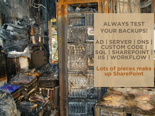 ALWAYS TEST
YOUR BACKUPS!
AD | SERVER | DNS |
CUSTOM CODE |
SQL | SHAREPOINT |
IIS | WORKFLOW |
Lots of pieces make
up SharePoint
 