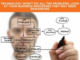 TECHNOLOGY WON’T FIX ALL THE PROBLEMS, LOOK
AT YOUR BUSINESS PROCESSES THEY MAY NEED
REWORKING
 