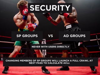 SECURITY
SP GROUPS AD GROUPSVS
NEVER WITH USERS DIRECTLY
MSDN Security guidance on SP Groups vs AD Groups
CHANGING MEMBERS OF SP GROUPS WILL LAUNCH A FULL CRAWL AT
NEXT PASS TO CALCULATE ACLs
 