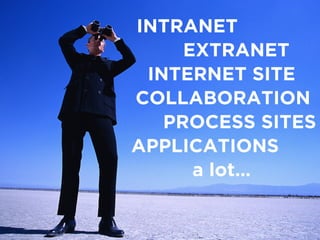INTRANET
EXTRANET
INTERNET SITE
COLLABORATION
PROCESS SITES
APPLICATIONS
a lot…
 