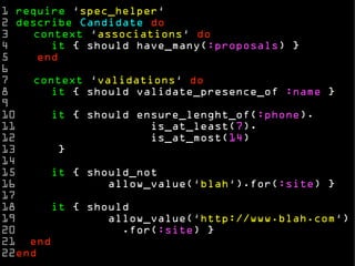 1 require ‘spec_helper‘ 
2 describe Candidate do 
3 context ‘associations‘ do 
4 it { should have_many(:proposals) } 
5 end 
6 
7 context ‘validations‘ do 
8 it { should validate_presence_of :name } 
9 
10 it { should ensure_lenght_of(:phone). 
11 is_at_least(7). 
12 is_at_most(14) 
13 } 
14 
15 it { should_not 
16 allow_value(‘blah‘).for(:site) } 
17 
18 it { should 
19 allow_value(‘http://www.blah.com‘) 
20 .for(:site) } 
21 end 
22end 
 