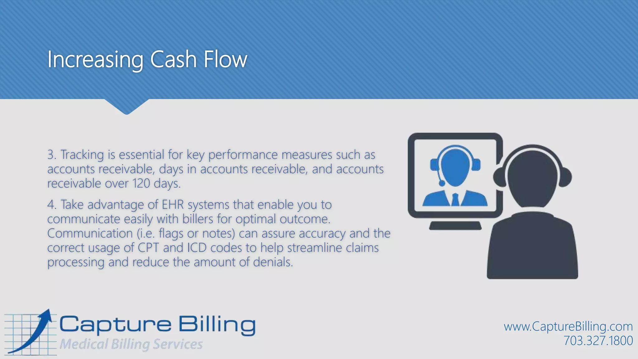 Increasing Cash Flow
3. Tracking is essential for key performance measures such as
accounts receivable, days in accounts receivable, and accounts
receivable over 120 days.
4. Take advantage of EHR systems that enable you to
communicate easily with billers for optimal outcome.
Communication (i.e. flags or notes) can assure accuracy and the
correct usage of CPT and ICD codes to help streamline claims
processing and reduce the amount of denials.
www.CaptureBilling.com
703.327.1800
 