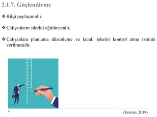 2.1.7. Güçlendirme
Bilgi paylaşımıdır.
Çalışanların sürekli eğitilmesidir.
Çalışanlara planlama düzenleme ve kendi işlerini kontrol etme izninin
verilmesidir.
(Eraslan, 2019)
 