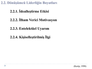 2.2. Dönüşümcü Liderliğin Boyutları
2.2.1. İdealleştirme Etkisi
2.2.2. İlham Verici Motivasyon
2.2.3. Entelektüel Uyarım
2.2.4. Kişiselleştirilmiş İlgi
(Karip, 1998)
 