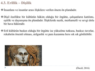 4.3. Erillik – Dişilik
İnsanlara ve insanlar arası ilişkilere verilen önem ön plandadır.
Dişil özellikte bir kültürün hâkim olduğu bir örgütte, çalışanların katılımı,
eşitlik ve dayanışma ön plandadır. İlişkilerde nazik, merhametli ve sevgi dolu
bir hava hâkimdir.
Eril kültürün baskın olduğu bir örgütte ise yükselme tutkusu, baskıcı tavırlar,
rekabetin önemli olması, atılganlık ve para kazanma hırsı sık sık görülebilir.
(Öncül, 2016)
 