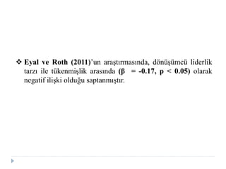  Eyal ve Roth (2011)’un araştırmasında, dönüşümcü liderlik
tarzı ile tükenmişlik arasında (β = -0.17, p < 0.05) olarak
negatif ilişki olduğu saptanmıştır.
 