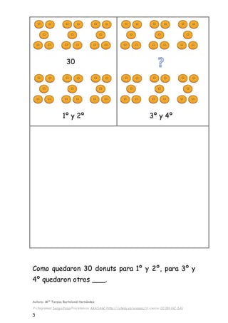 Autora: Mº Teresa Bartolomé Hernández
Pictogramas: Sergio PalaoProcedencia: ARASAAC (http://catedu.es/arasaac/) Licencia: CC (BY-NC-SA)
3
30
1º y 2º 3º y 4º
Como quedaron 30 donuts para 1º y 2º, para 3º y
4º quedaron otros ___.
 