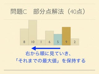 問題C 部分点解法（40点）
8 10 1 6 5 9 2
右から順に見ていき、
「それまでの最大値」を保持する
 