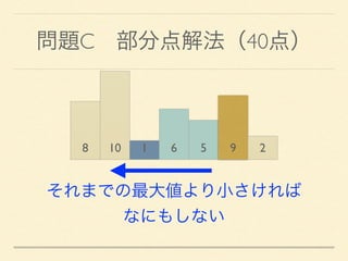 問題C 部分点解法（40点）
8 10 1 6 5 9 2
それまでの最大値より小さければ
なにもしない
 