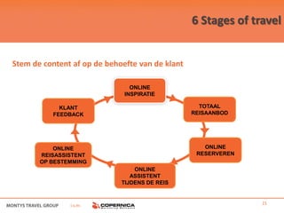 6 Stages of travel


Stem de content af op de behoefte van de klant

                                ONLINE
                              INSPIRATIE

            KLANT                                  TOTAAL
          FEEDBACK                               REISAANBOD




           ONLINE                                   ONLINE
       REISASSISTENT                              RESERVEREN
       OP BESTEMMING
                                 ONLINE
                                ASSISTENT
                             TIJDENS DE REIS



               i.s.m.                                          21
 