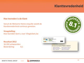 Klanttevredenheid


Hoe tevreden is de klant

Vanuit de Welcome Home enquête wordt de
klanttevredenheid continue gemeten.

Vraagstelling:
Hoe tevreden bent u over Vliegtickets.be


Resultaat 2012
16.242 antwoorden
Beoordeling:      8,1




                   i.s.m.                               34
 