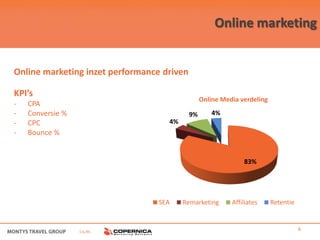 Online marketing


Online marketing inzet performance driven

KPI’s
                                                 Online Media verdeling
-   CPA
-   Conversie %                             9%       4%
-   CPC                             4%
-   Bounce %


                                                               83%




                                  SEA    Remarketing       Affiliates     Retentie



                  i.s.m.                                                             6
 