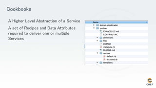 Cookbooks
A Higher Level Abstraction of a Service
A set of Recipes and Data Attributes
required to deliver one or multiple
Services
 