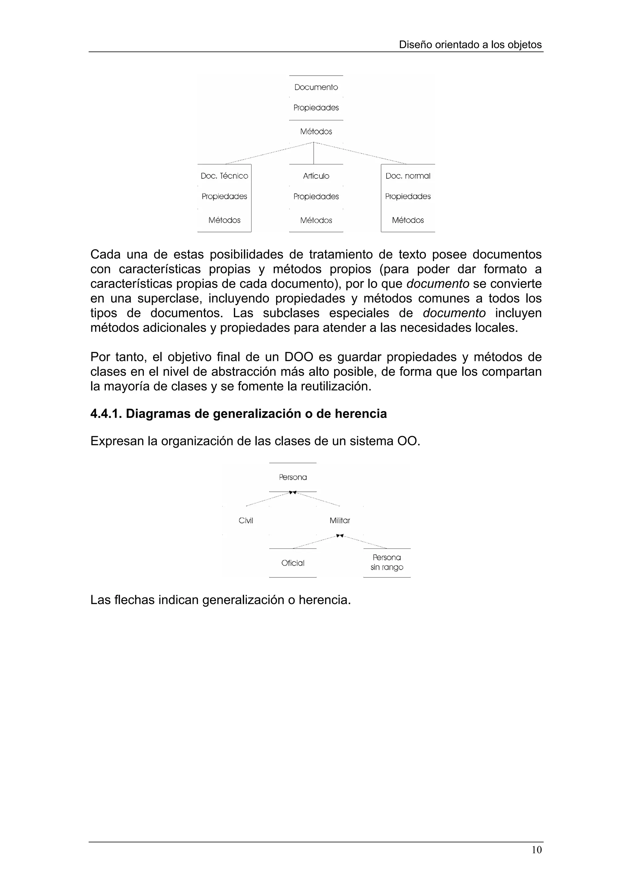 Diseño orientado a los objetos




Cada una de estas posibilidades de tratamiento de texto posee documentos
con características propias y métodos propios (para poder dar formato a
características propias de cada documento), por lo que documento se convierte
en una superclase, incluyendo propiedades y métodos comunes a todos los
tipos de documentos. Las subclases especiales de documento incluyen
métodos adicionales y propiedades para atender a las necesidades locales.

Por tanto, el objetivo final de un DOO es guardar propiedades y métodos de
clases en el nivel de abstracción más alto posible, de forma que los compartan
la mayoría de clases y se fomente la reutilización.

4.4.1. Diagramas de generalización o de herencia

Expresan la organización de las clases de un sistema OO.




Las flechas indican generalización o herencia.




                                                                                10
 