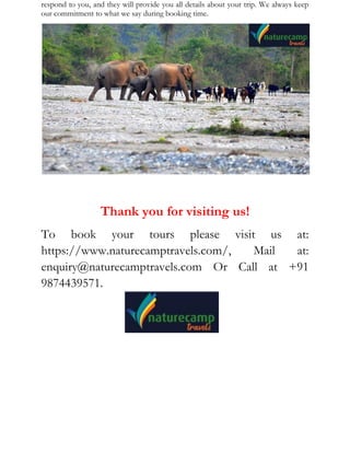 respond to you, and they will provide you all details about your trip. We always keep
our commitment to what we say during booking time.
Thank you for visiting us!
To book your tours please visit us at:
https://www.naturecamptravels.com/, Mail at:
enquiry@naturecamptravels.com Or Call at +91
9874439571.
 