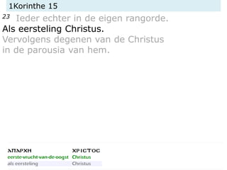1Korinthe 15
23 Ieder echter in de eigen rangorde.
Als eersteling Christus.
Vervolgens degenen van de Christus
in de parousia van hem.
 