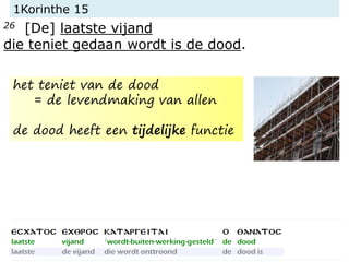 1Korinthe 15
26 [De] laatste vijand
die teniet gedaan wordt is de dood.
het teniet van de dood
= de levendmaking van allen
de dood heeft een tijdelijke functie
 