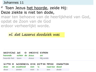 Johannes 11
4 Toen Jezus het hoorde, zeide Hij:
Deze ziekte is niet ten dode,
maar ten behoeve van de heerlijkheid van God,
opdat de Zoon van de God
erdoor verheerlijkt worde.
nl. dat Lazarus doodziek was
 