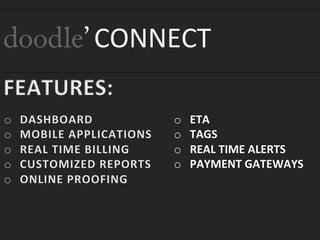 o  ETA	
 
o  TAGS	
 
o  REAL	
 TIME	
 ALERTS	
 
o  PAYMENT	
 GATEWAYS	
 
doodle’ CONNECT	
 
 
