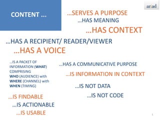 1…SERVES A PURPOSECONTENT ...…HAS MEANING…HAS CONTEXT…HAS A RECIPIENT/ READER/VIEWER…HAS A VOICE…IS A PACKET OF INFORMATION (WHAT) COMPRISING WHO (AUDIENCE) with WHERE (CHANNEL) with WHEN (TIMING)…HAS A COMMUNICATIVE PURPOSE…IS INFORMATION IN CONTEXT…IS NOT DATA…IS NOT CODE…IS FINDABLE…IS ACTIONABLE…IS USABLE