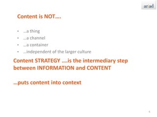 Content is NOT….…a thing…a channel…a container…independent of the larger culture6Content STRATEGY ….is the intermediary step between INFORMATION and CONTENT…puts content into context