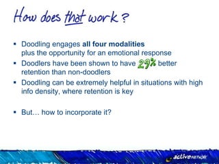  Doodling engages all four modalities
  plus the opportunity for an emotional response
 Doodlers have been shown to have           better
  retention than non-doodlers
 Doodling can be extremely helpful in situations with high
  info density, where retention is key

 But… how to incorporate it?
 