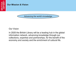Our Mission & Vision




                  Advancing the world’s knowledge




 Our Vision
 In 2020 the British Library will be a leading hub in the global
 information network, advancing knowledge through our
 collections, expertise and partnerships, for the benefit of the
 economy and society and the enrichment of cultural life.
 