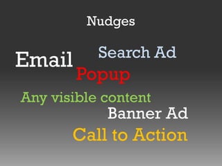 Nudges

Email

Search Ad

Popup

Any visible content

Banner Ad

Call to Action

 