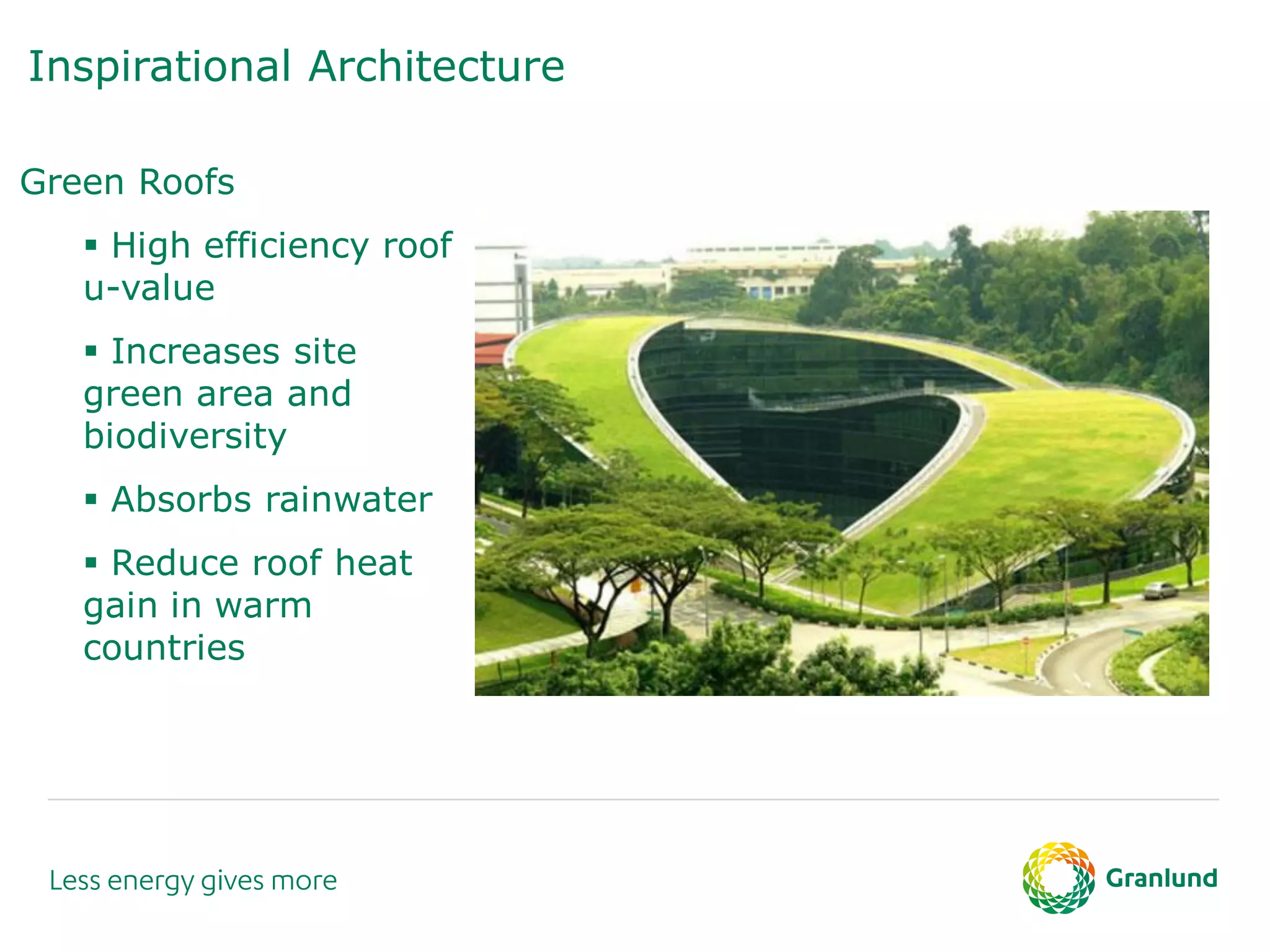 Inspirational Architecture
Green Roofs
 High efficiency roof
u-value
 Increases site
green area and
biodiversity
 Absorbs rainwater
 Reduce roof heat
gain in warm
countries
 