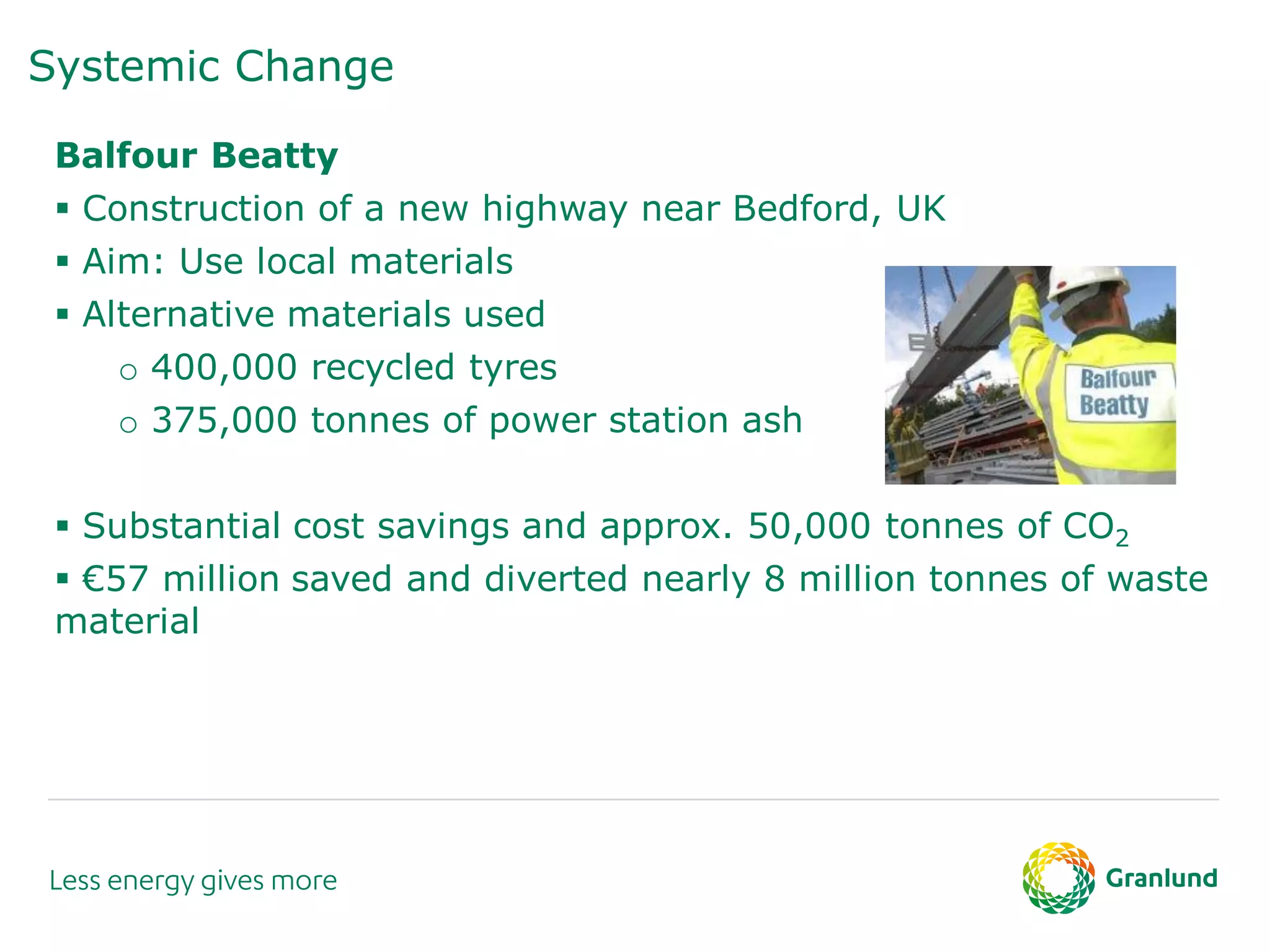 Systemic Change
Balfour Beatty
 Construction of a new highway near Bedford, UK
 Aim: Use local materials
 Alternative materials used
o 400,000 recycled tyres
o 375,000 tonnes of power station ash
 Substantial cost savings and approx. 50,000 tonnes of CO2
 €57 million saved and diverted nearly 8 million tonnes of waste
material
 