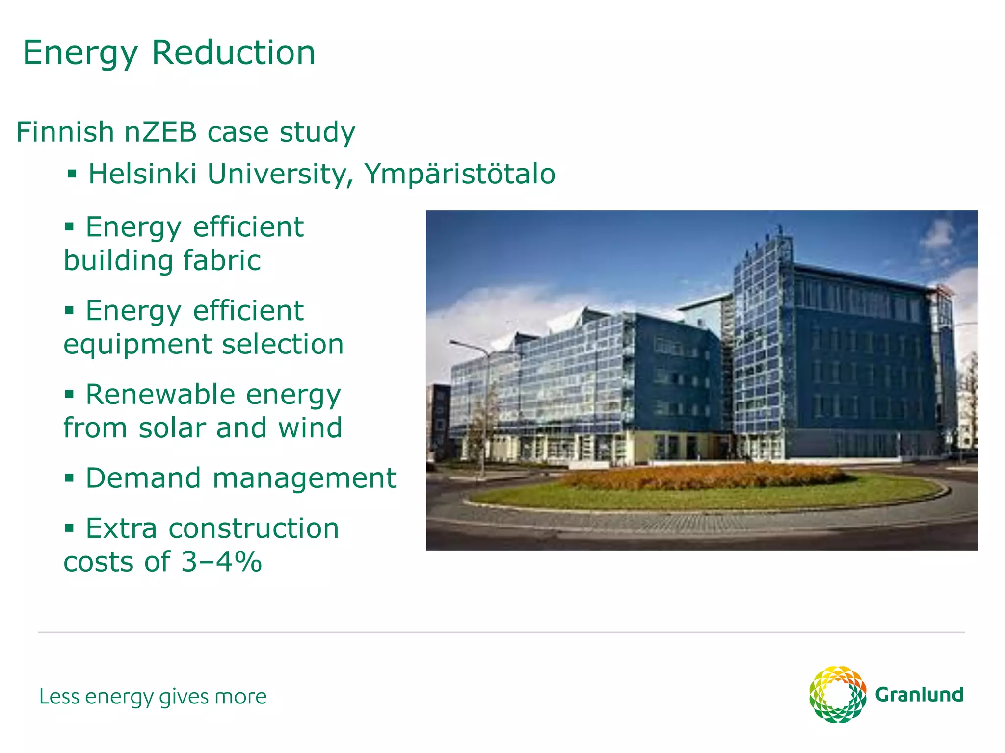 Energy Reduction
Finnish nZEB case study
 Helsinki University, Ympäristötalo
 Energy efficient
building fabric
 Energy efficient
equipment selection
 Renewable energy
from solar and wind
 Demand management
 Extra construction
costs of 3–4%
 