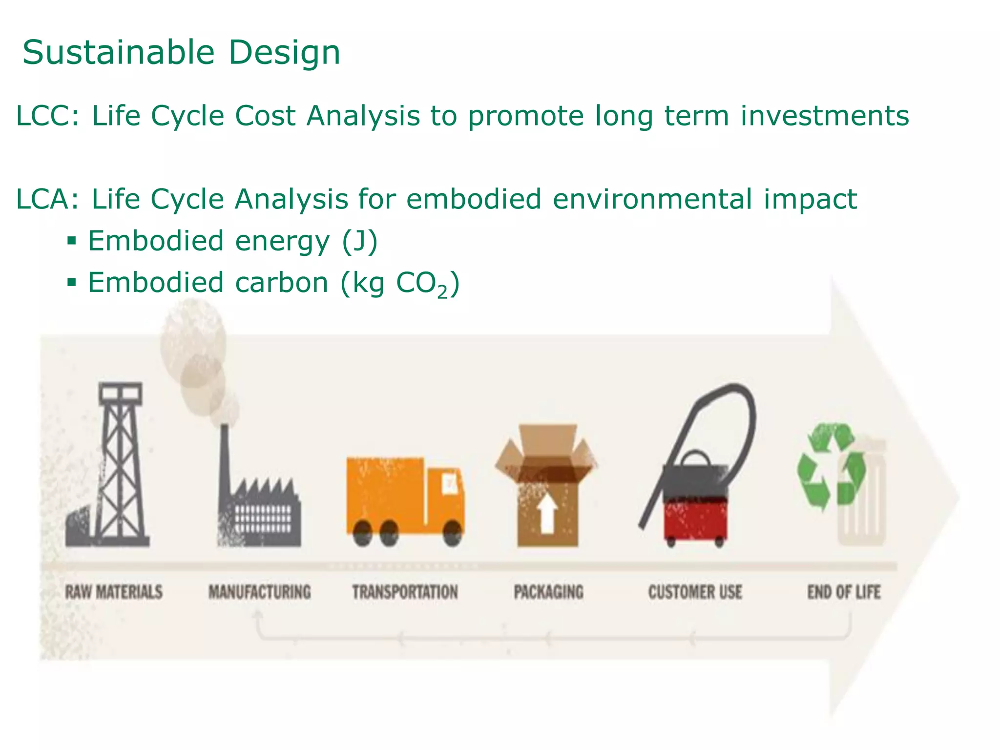 Sustainable Design
LCC: Life Cycle Cost Analysis to promote long term investments
LCA: Life Cycle Analysis for embodied environmental impact
 Embodied energy (J)
 Embodied carbon (kg CO2)
 