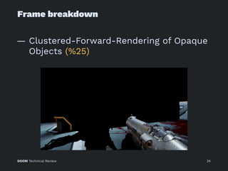 Frame breakdown
— Clustered-Forward-Rendering of Opaque
Objects (%25)
DOOM Technical Review 24
 
