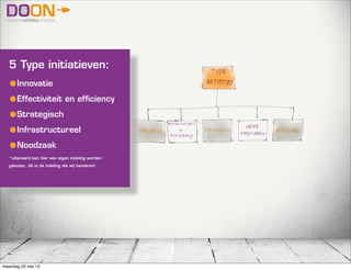 5 Type initiatieven:
•Innovatie
•Effectiviteit en efficiency
•Strategisch
•Infrastructureel
•Noodzaak
*uiteraard kan hier een eigen indeling worden
gekozen, dit is de indeling die wij hanteren!
maandag 20 mei 13
 