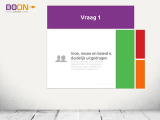 Visie, missie en beleid is
duidelijk uitgedragen
Zijn deze zichtbaar op de werkplek,
bijeenkomsten, verzamelplaatsen,
marketinguitingen, website? Zijn
innovatiedoelen opgenomen?
irc_1.1_nl (1/18)
Visie, missie en beleid is
duidelijk uitgedragen
Zijn deze zichtbaar op de werkplek,
bijeenkomsten, verzamelplaatsen,
marketinguitingen, website? Zijn
innovatiedoelen opgenomen?
irc_1.1_nl (1/18)
Vraag 1
Visie, missie en beleid is
duidelijk uitgedragen
Zijn deze zichtbaar op de werkplek,
bijeenkomsten, verzamelplaatsen,
marketinguitingen, website? Zijn
innovatiedoelen opgenomen?
irc_1.1_nl (1/18)
 