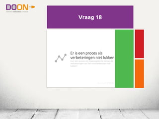 Visie, missie en beleid is
duidelijk uitgedragen
Zijn deze zichtbaar op de werkplek,
bijeenkomsten, verzamelplaatsen,
marketinguitingen, website? Zijn
innovatiedoelen opgenomen?
irc_1.1_nl (1/18)
Visie, missie en beleid is
duidelijk uitgedragen
Zijn deze zichtbaar op de werkplek,
bijeenkomsten, verzamelplaatsen,
marketinguitingen, website? Zijn
innovatiedoelen opgenomen?
irc_1.1_nl (1/18)
Vraag 18
Er is een proces als
verbeteringen niet lukken
Is er een proces om maatregelen te nemen als
verbeteringen van het innovatieproces niet
lukken?
irc_1.1_nl (18/18)
 