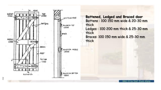 Battened, Ledged and Braced door
Battens : 100 150 mm wide & 20-30 mm
thick
Ledges : 100 200 mm thick & 25-30 mm
thick
Braces: 100 150 mm wide & 25-30 mm
thick
BMC-lll by Inst. Eyob Alene
 