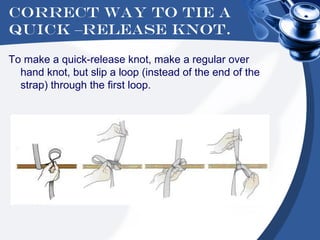 Correct way to tie a
quick –release knot.

To make a quick-release knot, make a regular over
  hand knot, but slip a loop (instead of the end of the
  strap) through the first loop.
 
