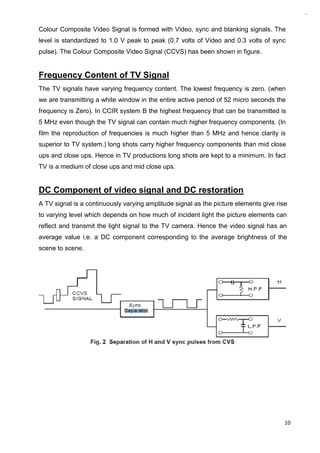 10
Colour Composite Video Signal is formed with Video, sync and blanking signals. The
level is standardized to 1.0 V peak to peak (0.7 volts of Video and 0.3 volts of sync
pulse). The Colour Composite Video Signal (CCVS) has been shown in figure.
Frequency Content of TV Signal
The TV signals have varying frequency content. The lowest frequency is zero. (when
we are transmitting a white window in the entire active period of 52 micro seconds the
frequency is Zero). In CCIR system B the highest frequency that can be transmitted is
5 MHz even though the TV signal can contain much higher frequency components. (In
film the reproduction of frequencies is much higher than 5 MHz and hence clarity is
superior to TV system.) long shots carry higher frequency components than mid close
ups and close ups. Hence in TV productions long shots are kept to a minimum. In fact
TV is a medium of close ups and mid close ups.
DC Component of video signal and DC restoration
A TV signal is a continuously varying amplitude signal as the picture elements give rise
to varying level which depends on how much of incident light the picture elements can
reflect and transmit the light signal to the TV camera. Hence the video signal has an
average value i.e. a DC component corresponding to the average brightness of the
scene to scene.
 